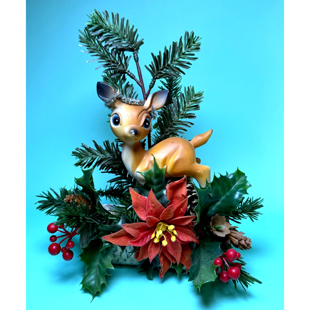 Vintage Christmas MCM Deer Yule Log Poinsettia Centerpiece Mid Century Kitsch